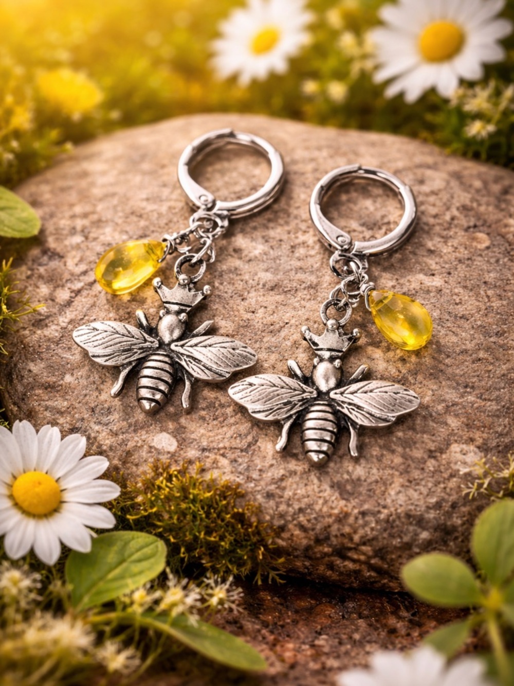 Artisan Bee Earrings . Honey Yellow . Antique Silver Dangle . Nature inspired